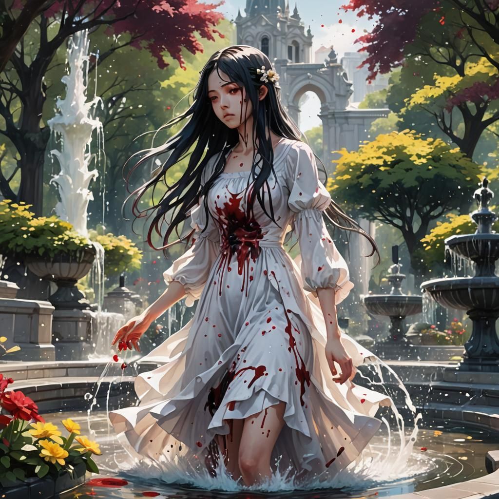 Anime Girl in Fountain: Vibrant Digital Painting