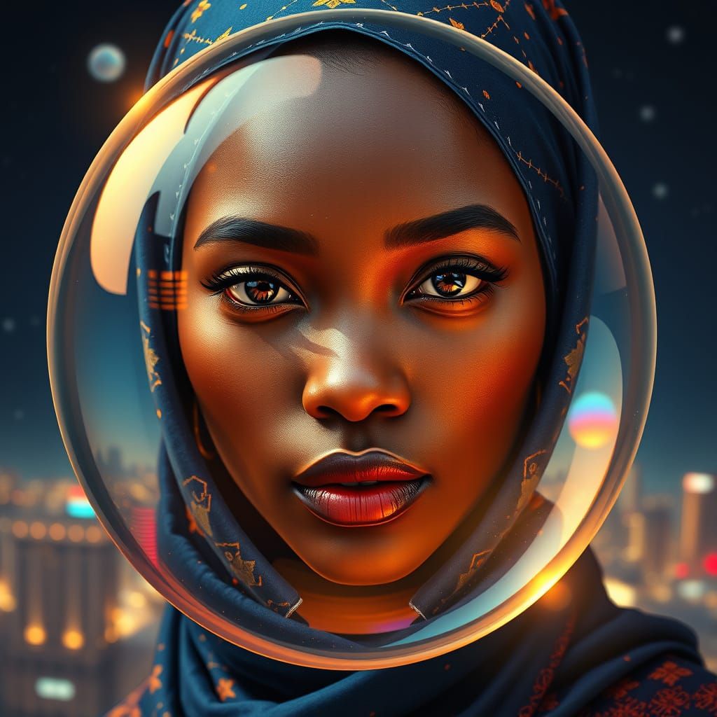 African Woman in Retro Cityscape Bubble, Detailed Matte Pain...