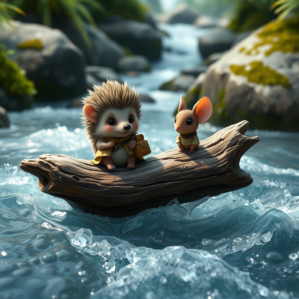 Majestic 3D Anime Mountain Stream Scene with Tiny Adventurer...