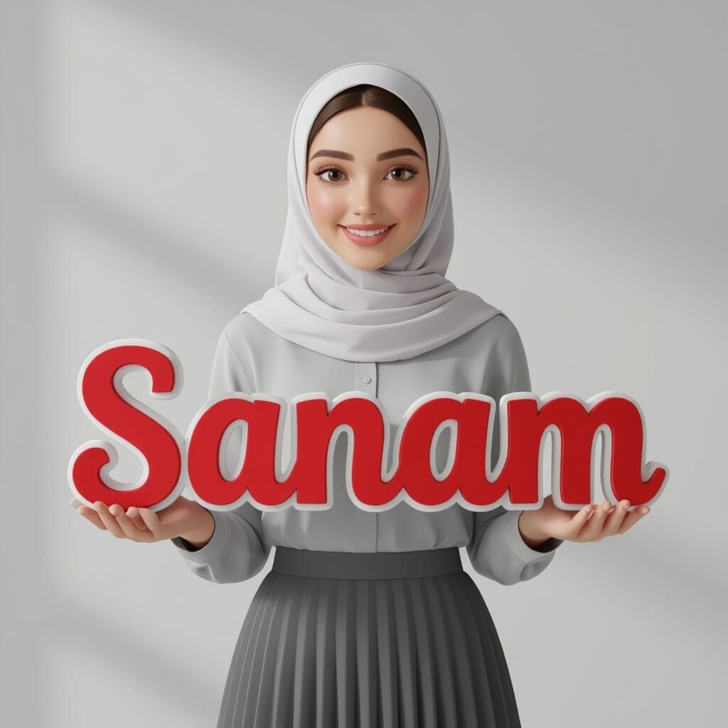 Muslim Woman Holding Crimson 3D Text "Sanam"