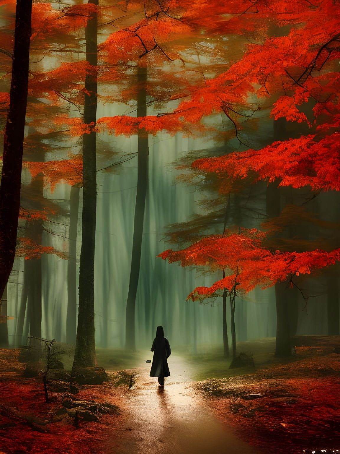 Insomniac Walks Rainy Forest: Expressionist Midnight Panoram...