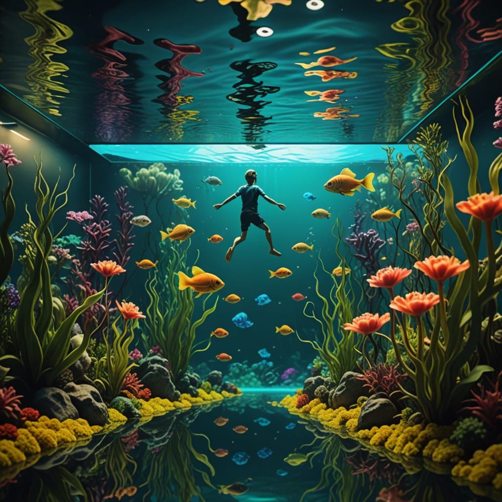 Surrealistic Scene of Children Swimming in a Life-Size Aquar...