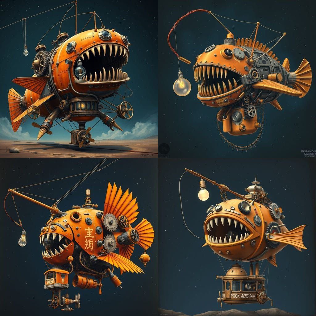 Steampunk Anglerfish Airship in Ochre-Orange and Brown