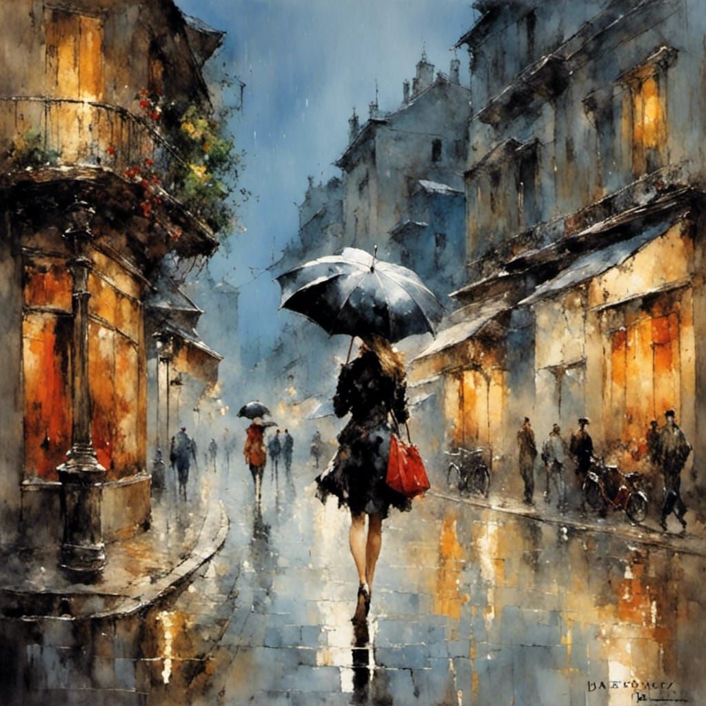 Rainy Night Stroll: Oil Painting in Gurney Style