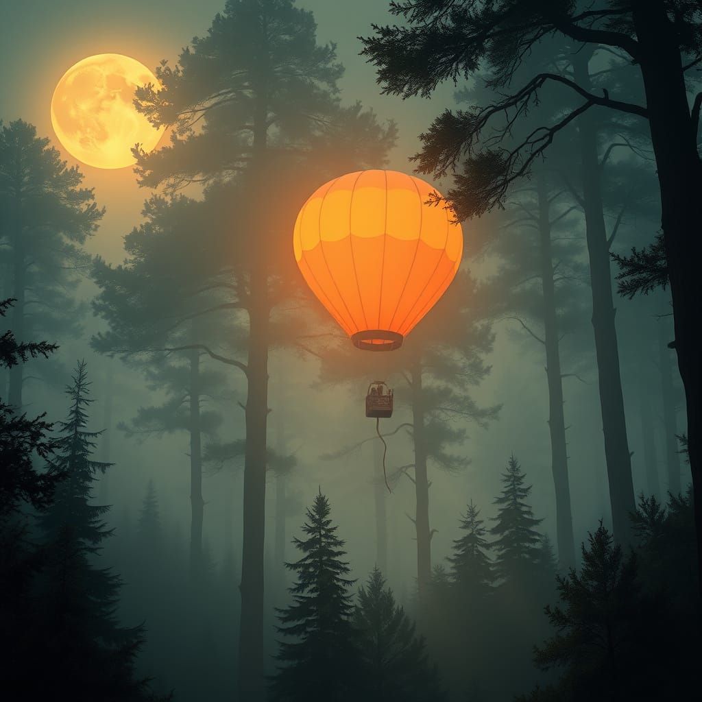 Vibrant Balloon in Misty Moonlit Forest