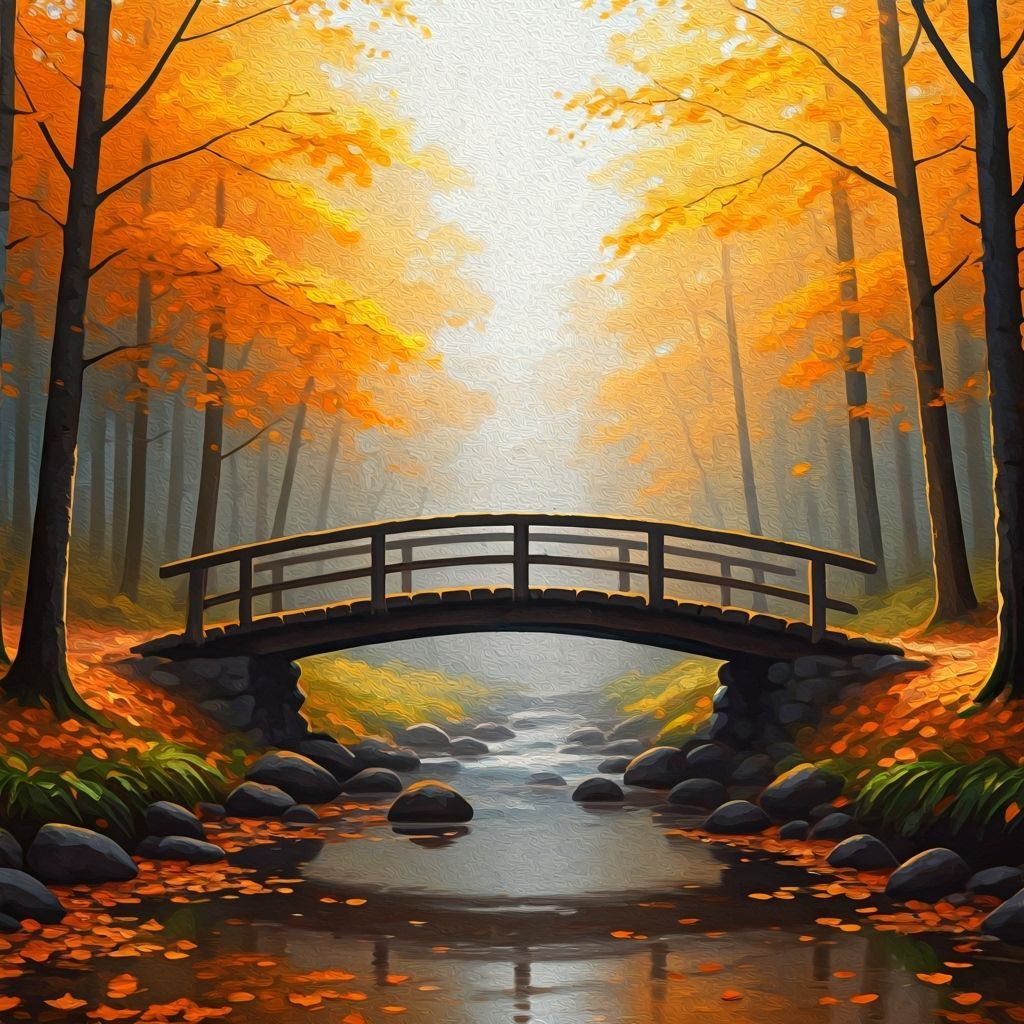 Magical Autumn Morning Bridge in Ethereal Fog