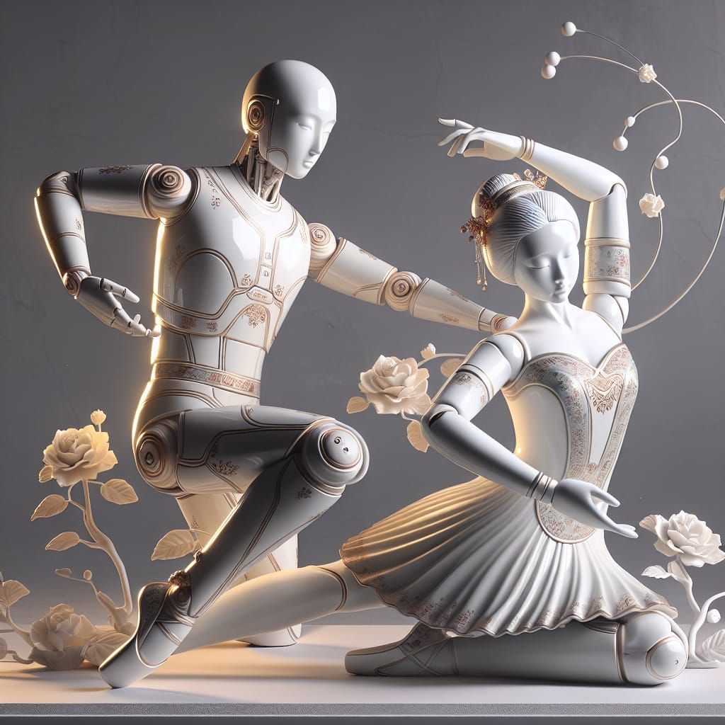 Elegant Porcelain Robot in Ballet Pose: Futuristic Design
