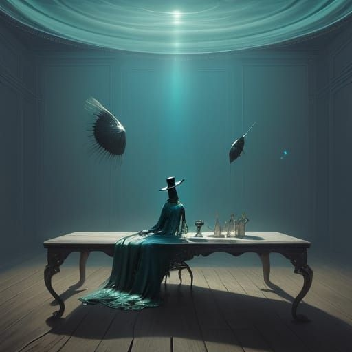 Surreal Figure Gazes Down in Dimly Lit Room