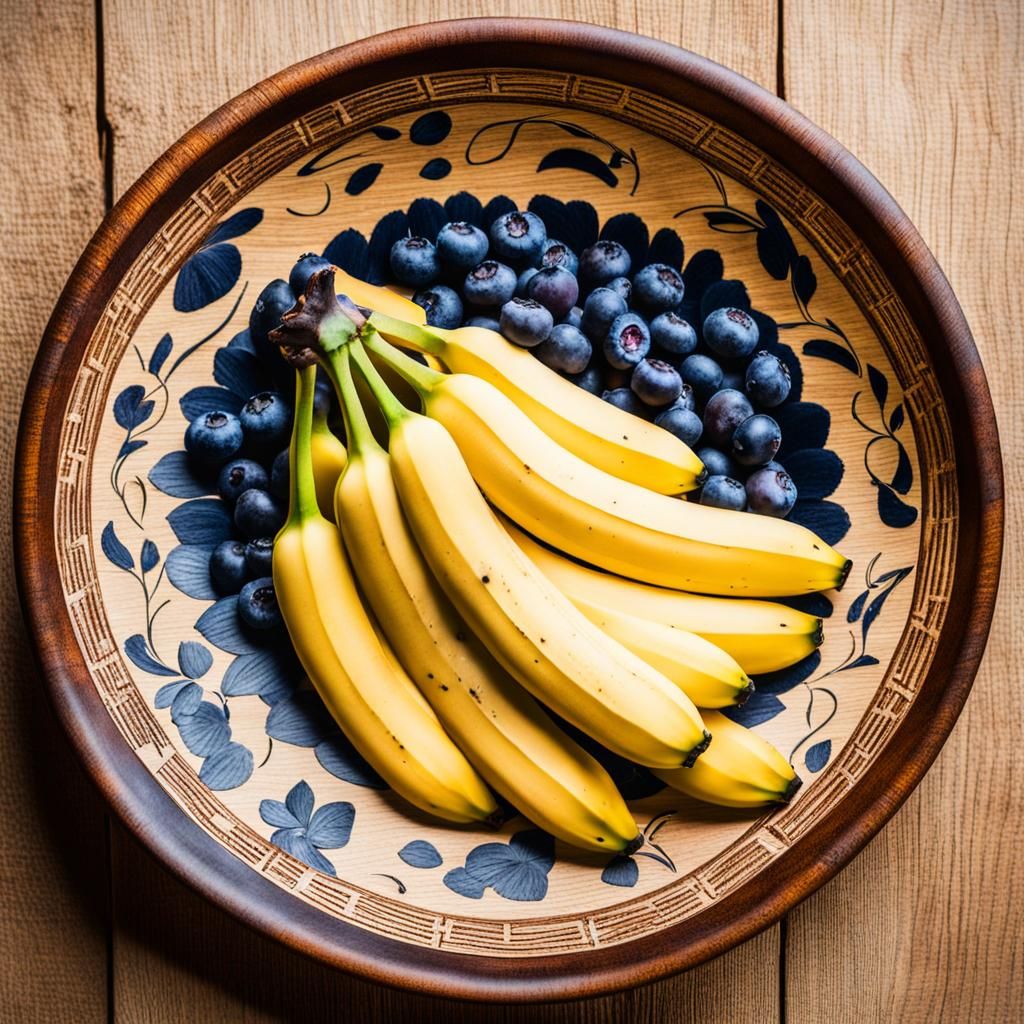Blueberries and Bananas in Wooden Bowl