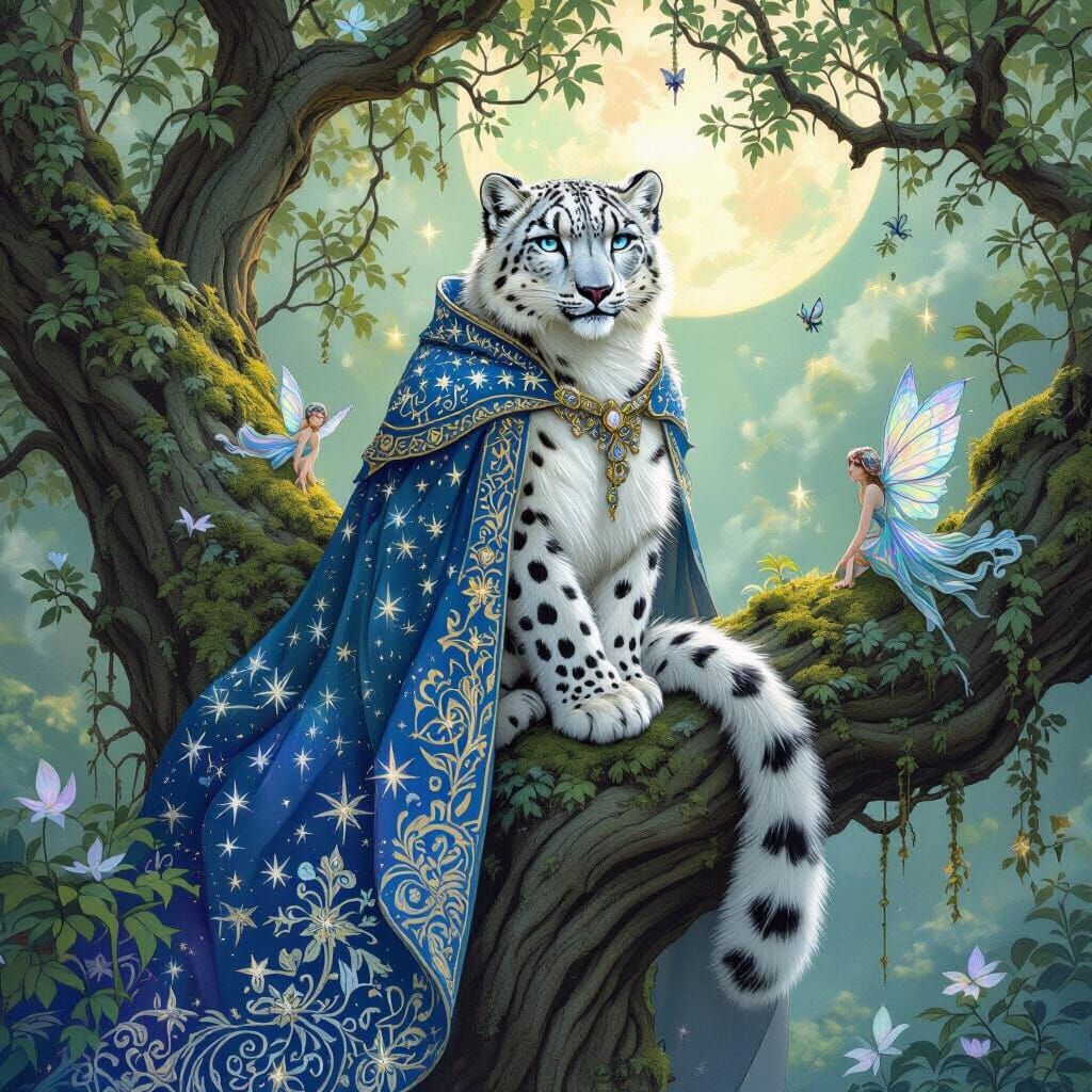 Snow Leopard in Emerald Grove, Art Nouveau Style