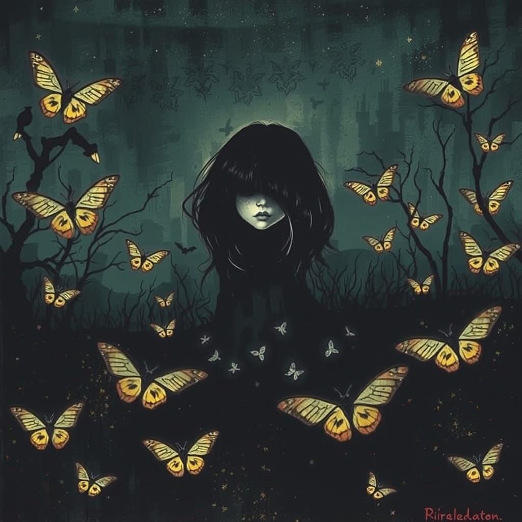 Mysterious Shadow Girl with Luna Moths: Grunge Fairytale