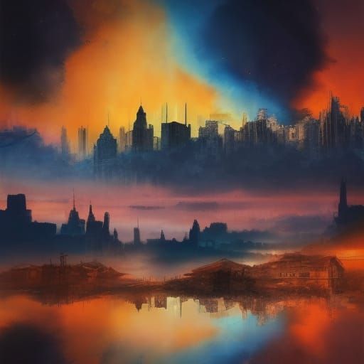 Cyberpunk Cityscape with Cracked Surface, Watercolor Style