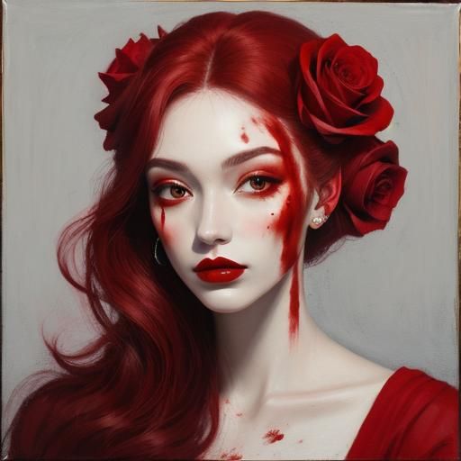 Girl with Roses: A Red Oil Painting Portrait