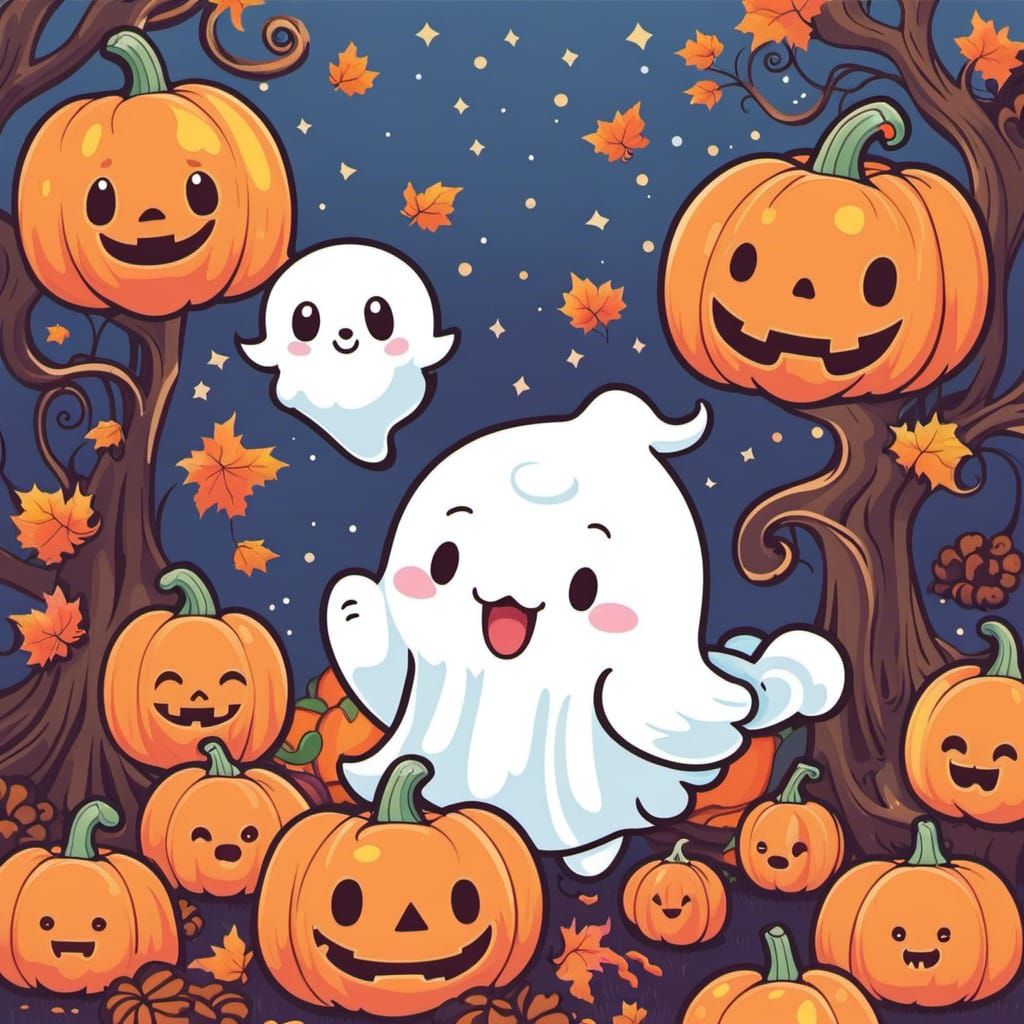 Adorable Ghost with Pumpkin in Sanrio Style