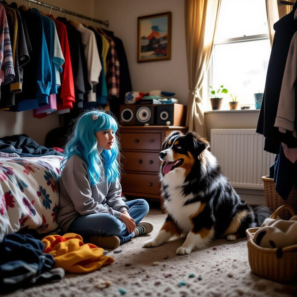 Messy Teen Room with Dog Mask, Cinematic Style