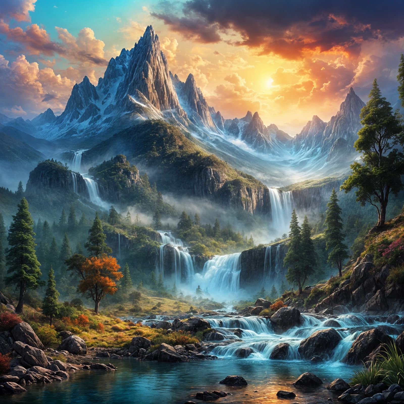 Misty Mountain Sunrise Waterfall: Australian Tonalism