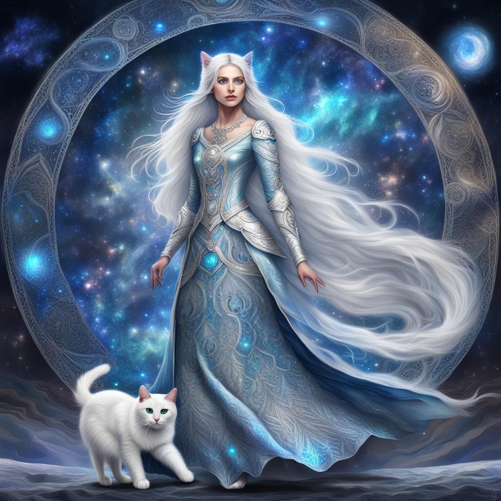 White Cat Woman in Silver Blue Fantasy Dress