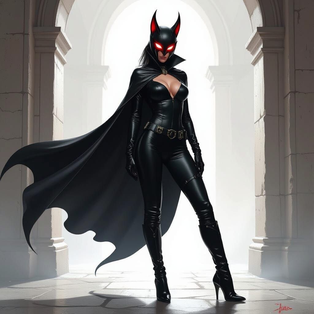 Evil Woman in Leather Catsuit and Demon Mask