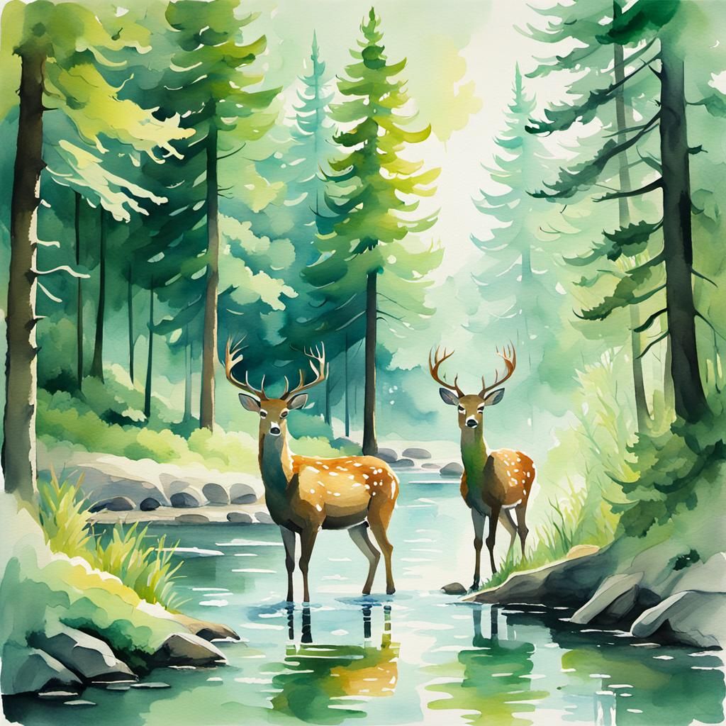 Deer in Forest Stream: Watercolor Illustration