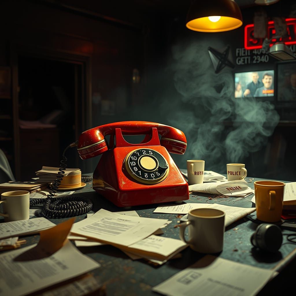 Retro Phone Rings in Gritty Police Station Scene