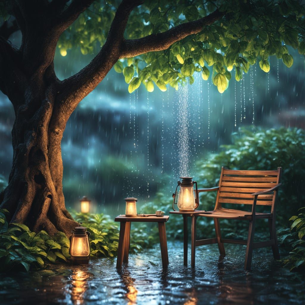 Cozy Rainy Backyard Scene in Splash Art