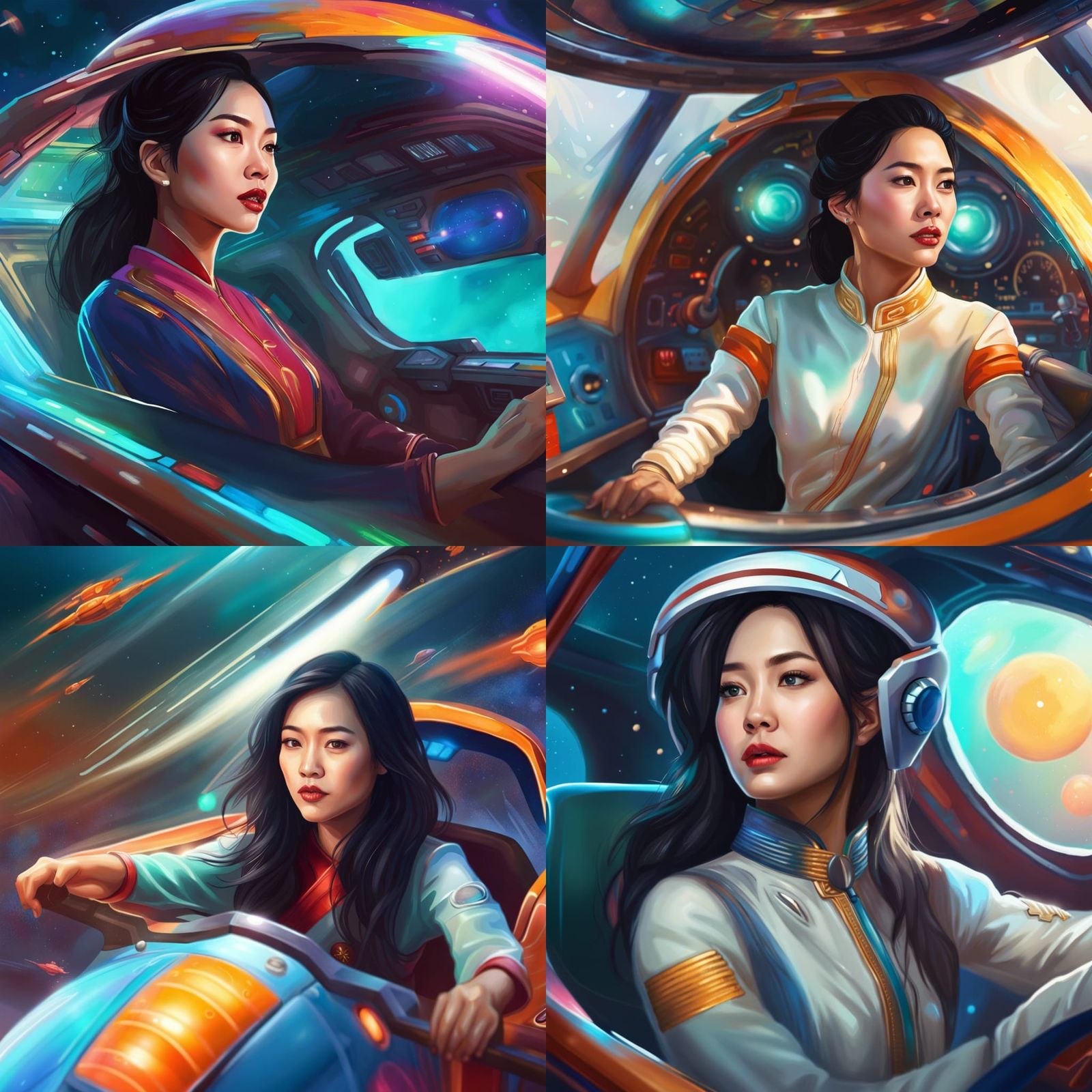 A beautiful Vietnamese lady in Ao Dai driving a spaceship