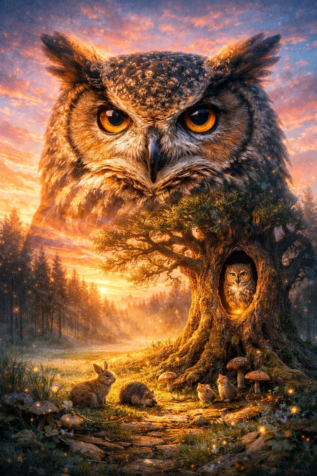 Surreal Double Exposure Owl Painting at Dawn