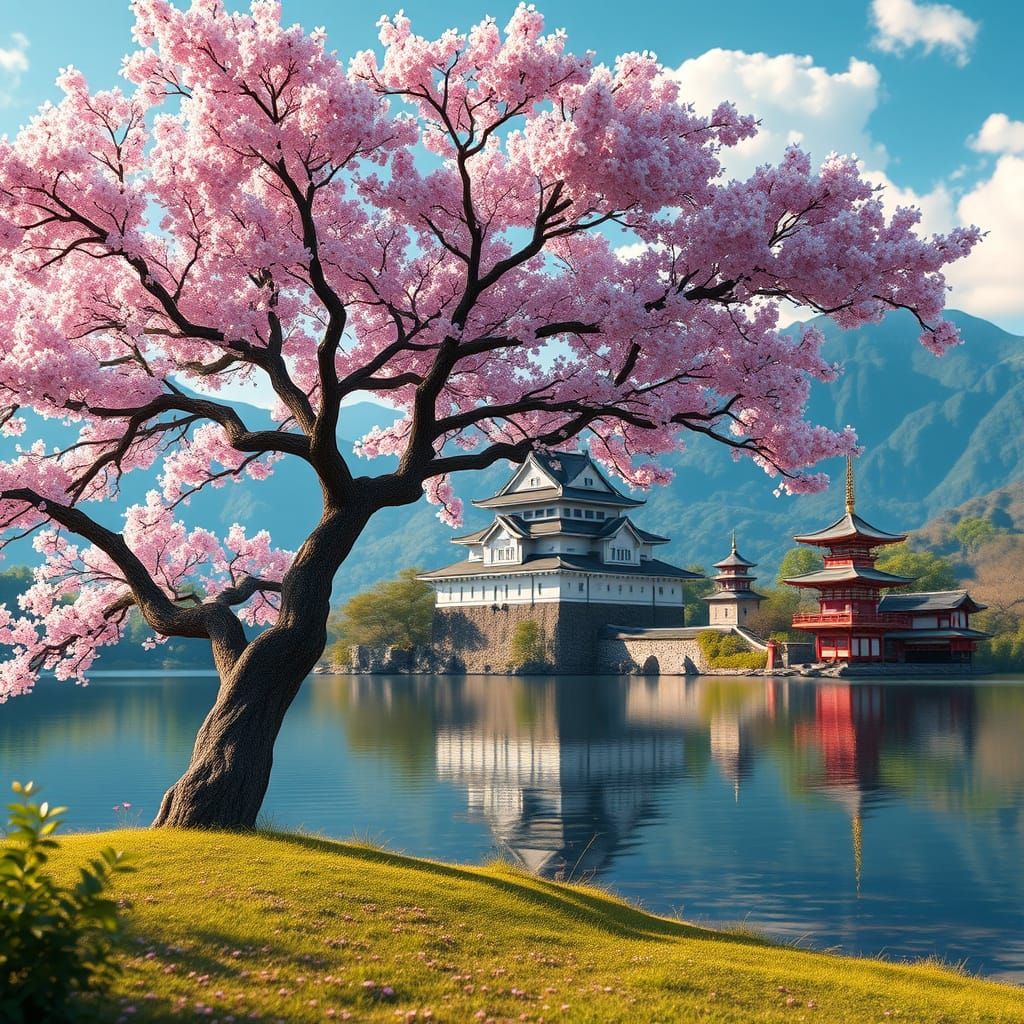 Surreal Sakura Tree in Japanese Castle Scene