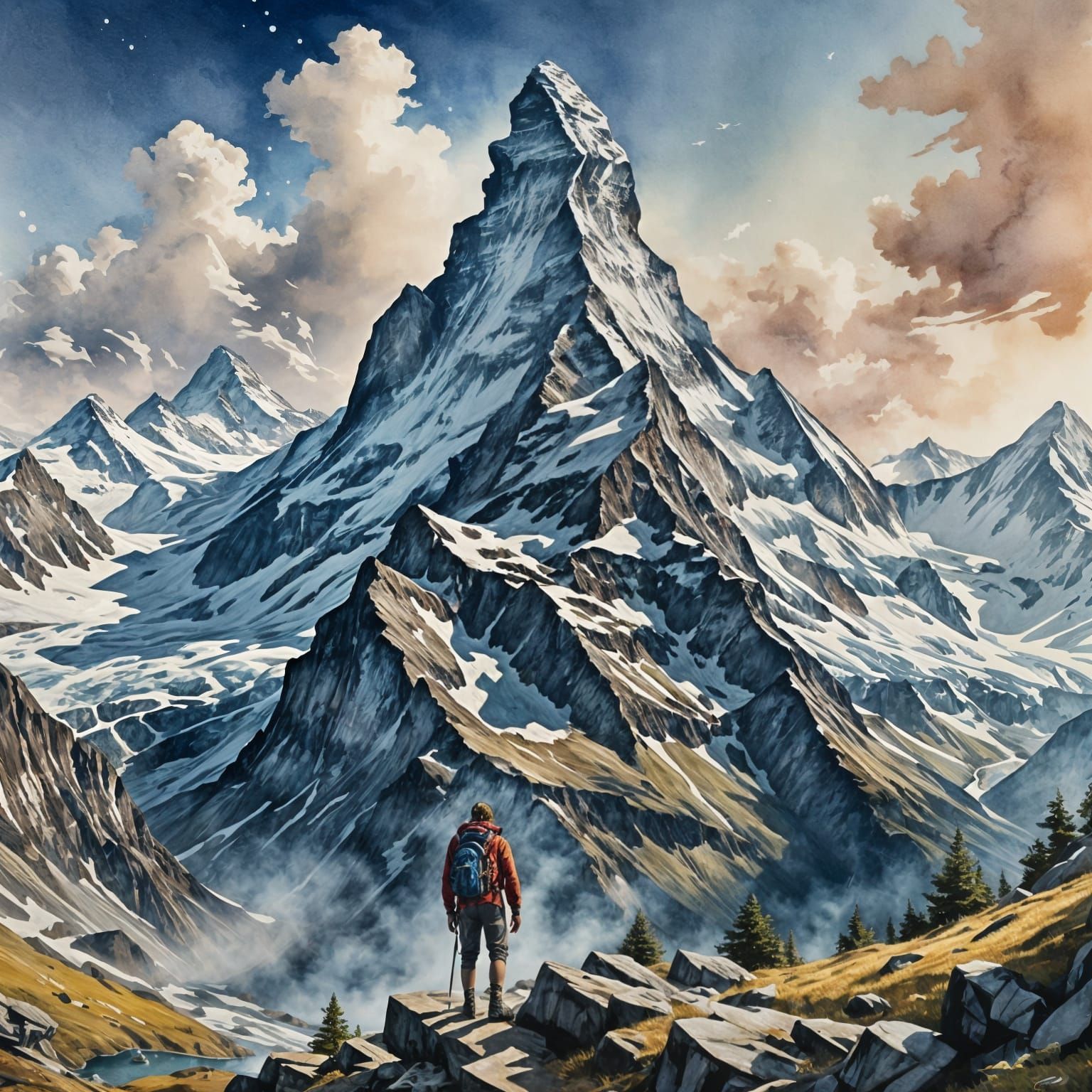 Hiker Admiring Matterhorn View in Watercolour Style