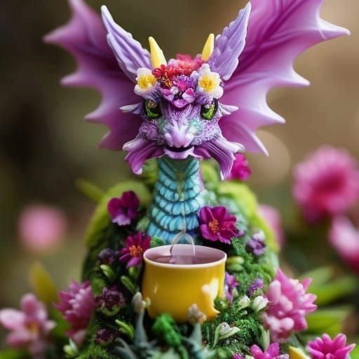 Adorable Floral Tea Dragon in a Surreal Garden