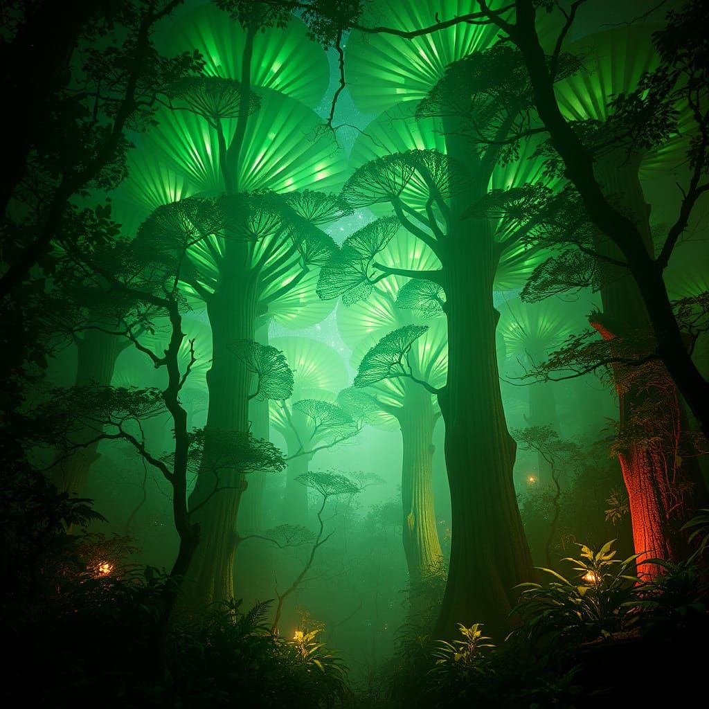 Mysterious Dark Forest with Giant Trees in Digital Art Style