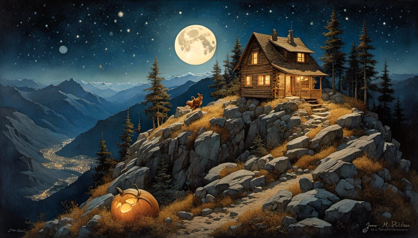 Starry Night Cabin Under Harvest Moon Painting