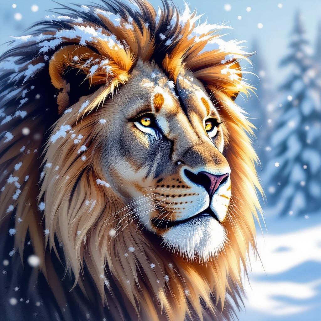 Lion's Head with Snowy Mane in Realistic Style