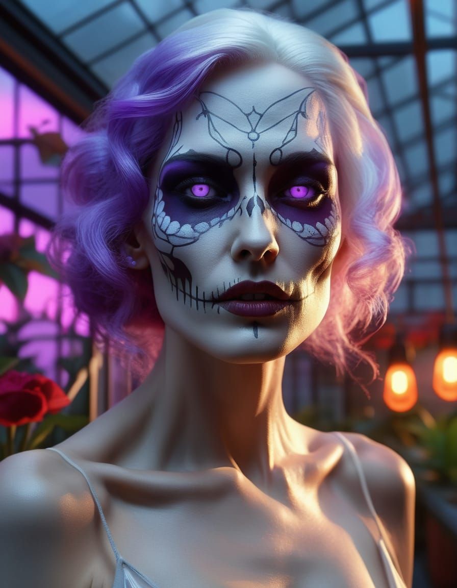 Lady Death in Urban Greenhouse: Photorealistic Concept Art