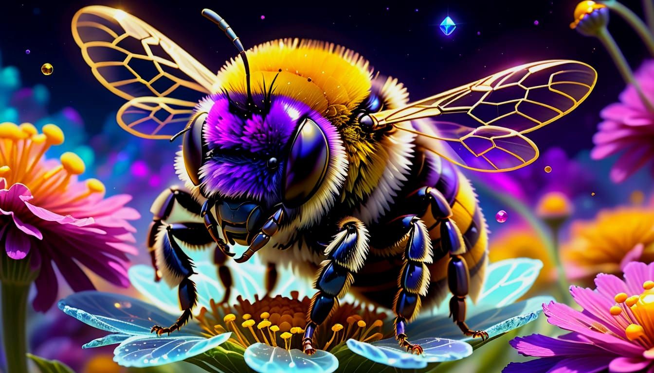 Bumblebee's Dream: Crystal Flower in Surreal Sky