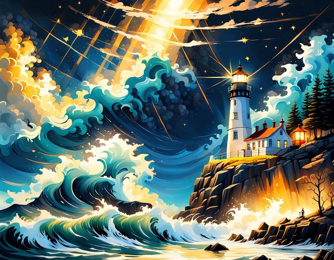 Ocean Lighthouse Shines Golden Light in Starry Night