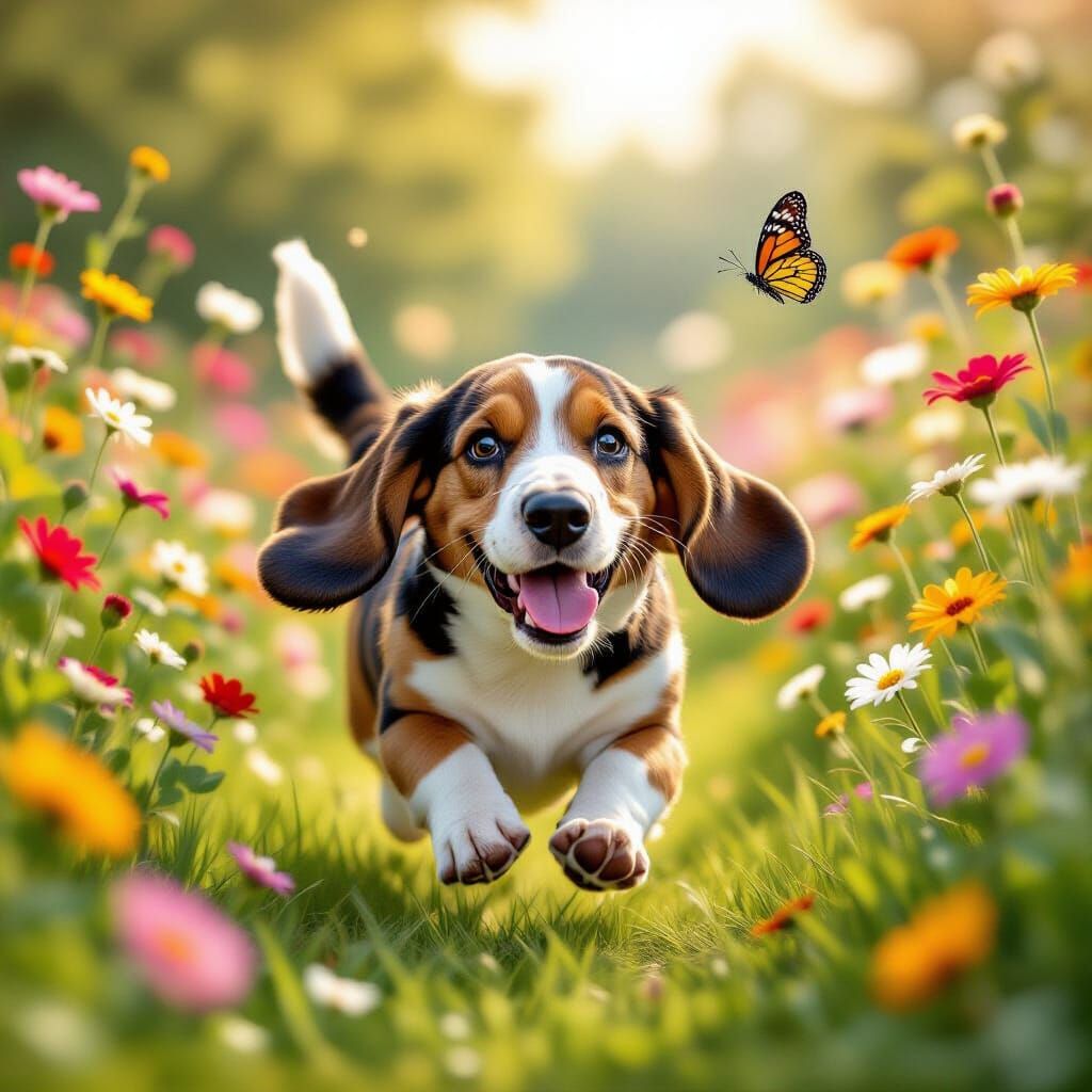 Joyful Basset Hound Chasing Butterfly in Flower Garden