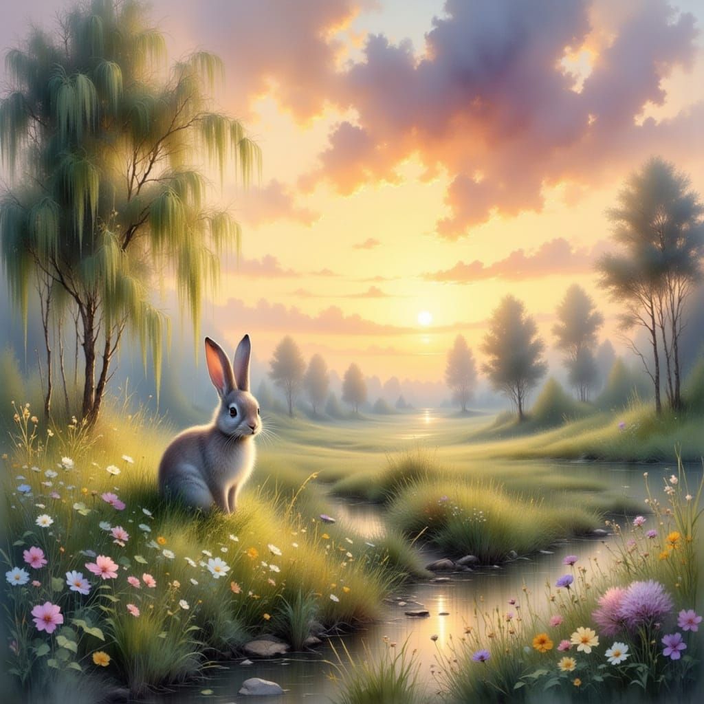 Fluffy Rabbit in Dreamy Meadow at Dusk