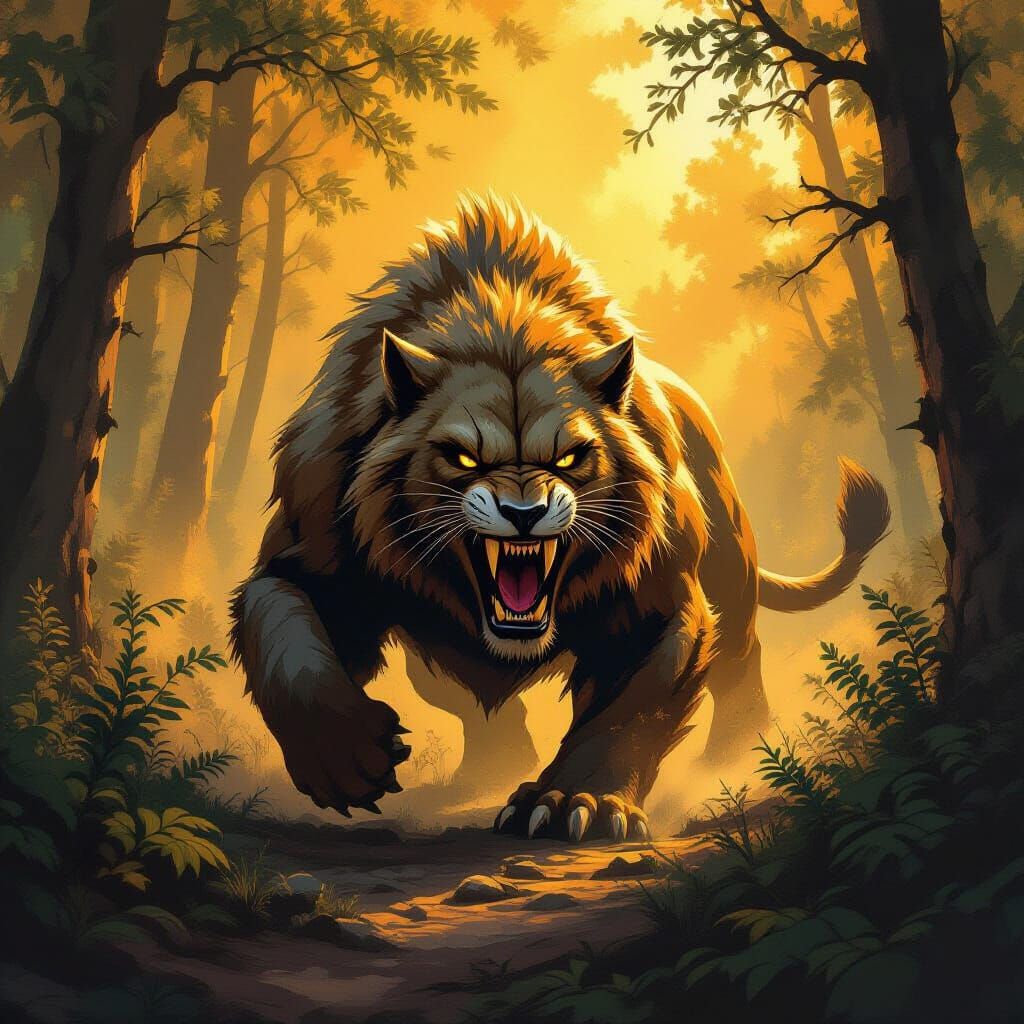 Fierce Beast in Golden Forest Landscape