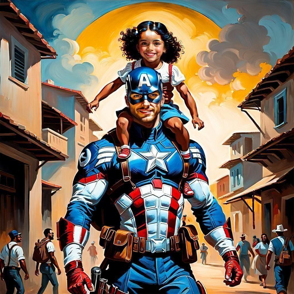 Captain America Piggyback Ride as Rembrandt Oil Painting