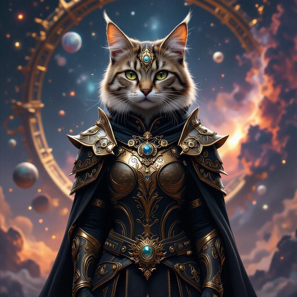 Cat Guardian of Fantastical Galaxies in Gold and Black Armor