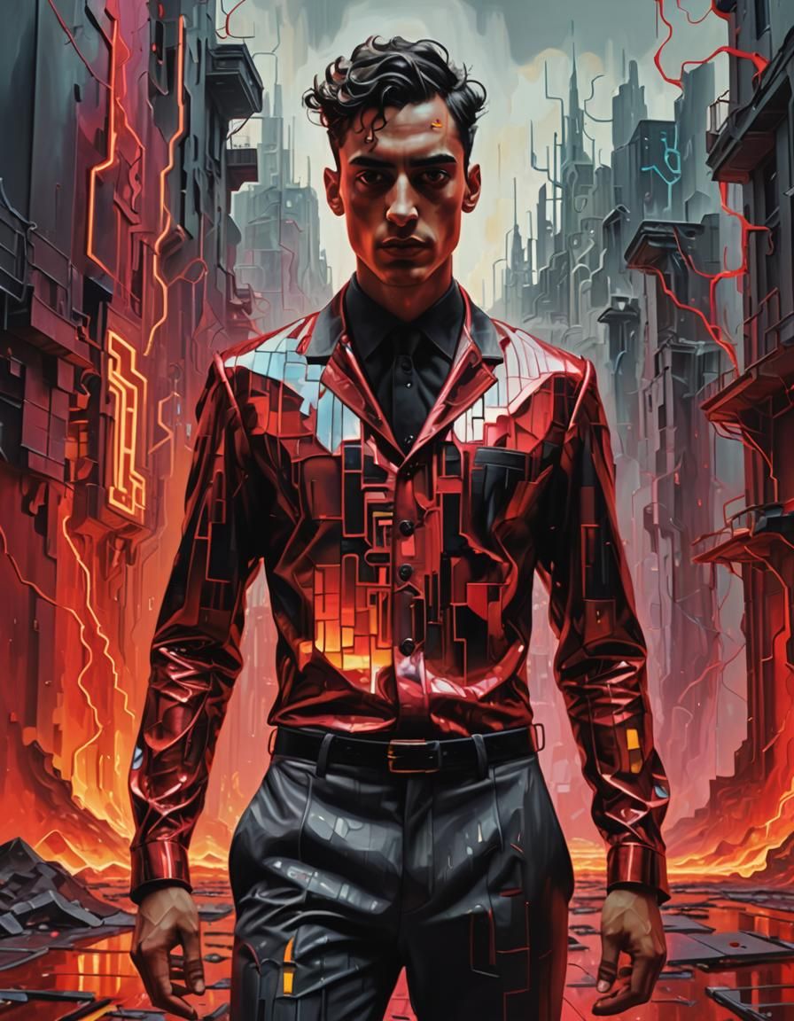 Surreal Glitch Art: Futuristic Man in Melting City