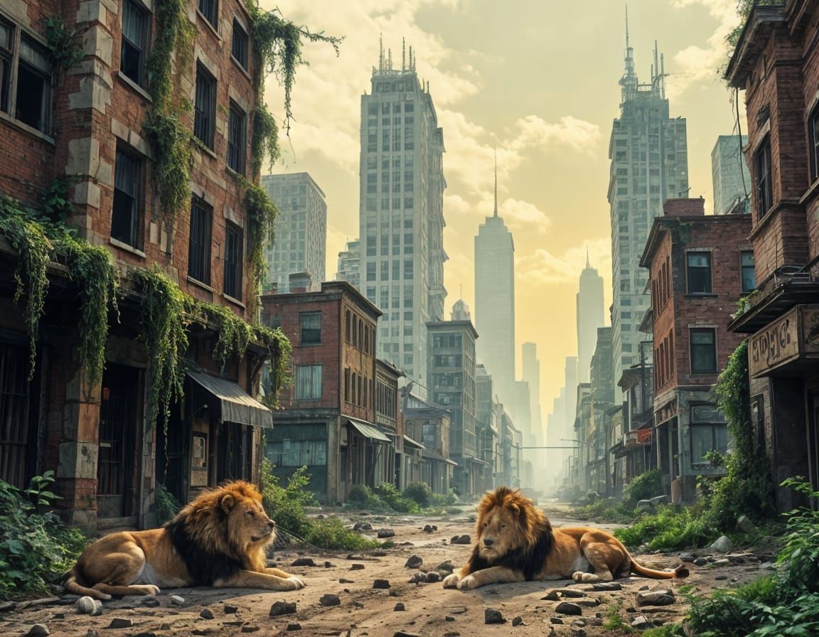 Nature Reclaims Cityscape with Lions and Wild Horses