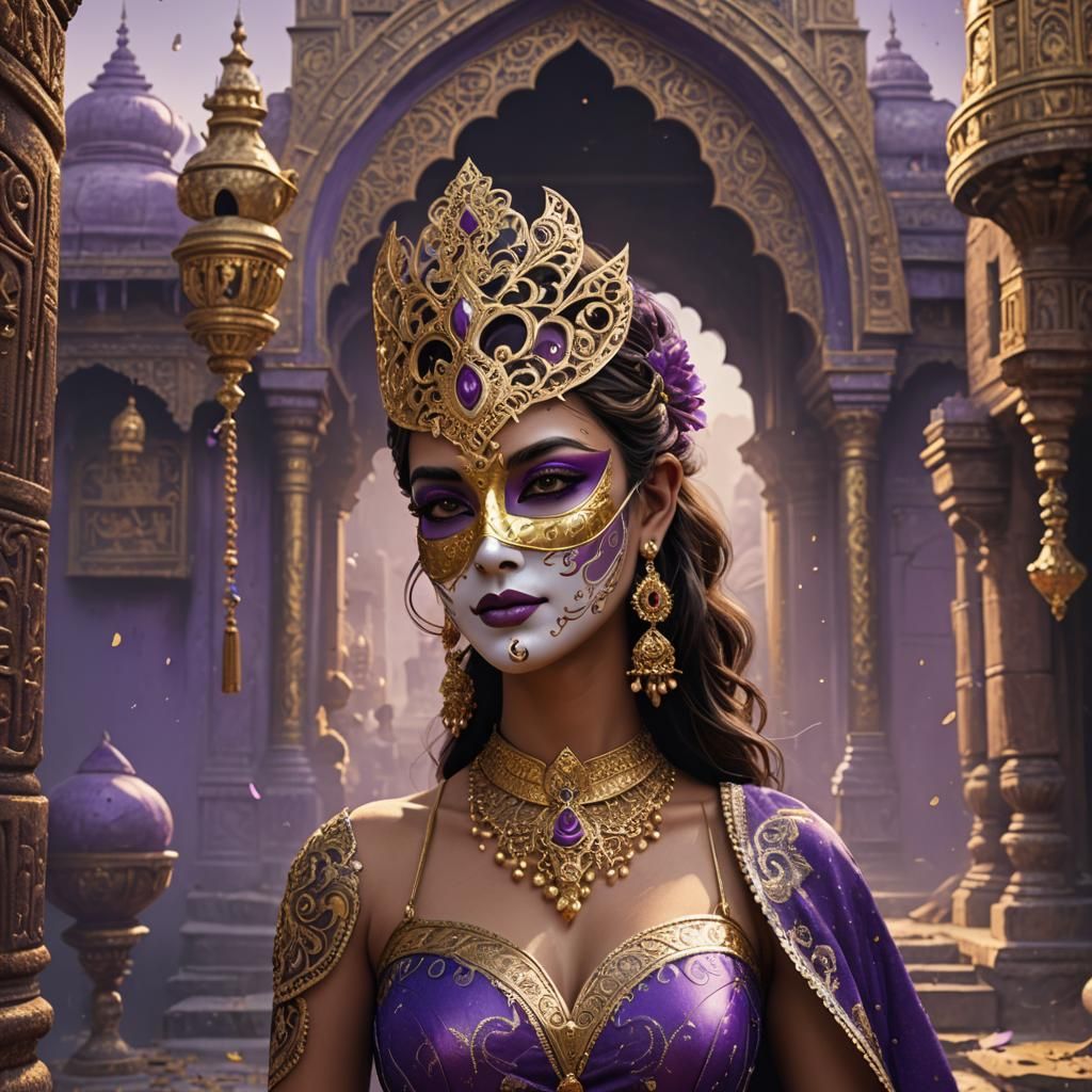 Beautiful Hindi Woman in Gold and Purple Dress