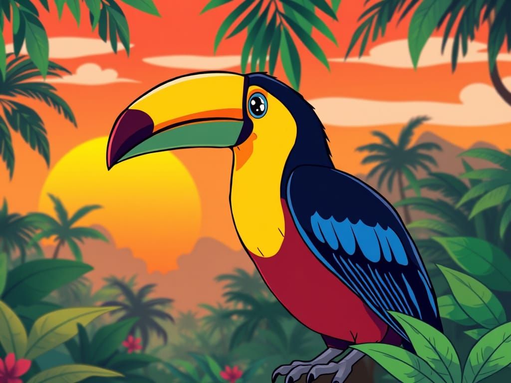 Retro Toucan in Vibrant Anime Style