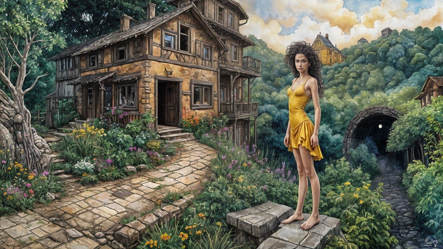 Fantasy Street View in Watercolor and Black Marker