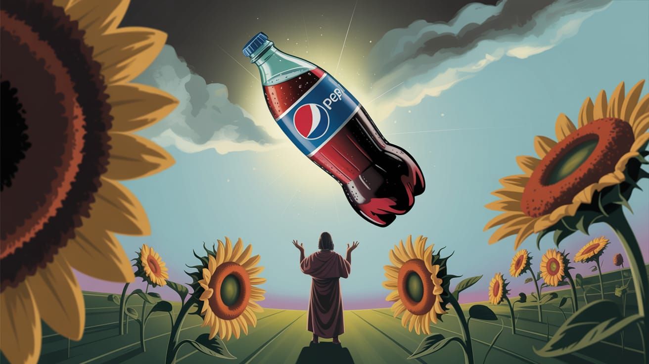 Surreal Pepsi Bottle and Reverent Figure with Sunflowers