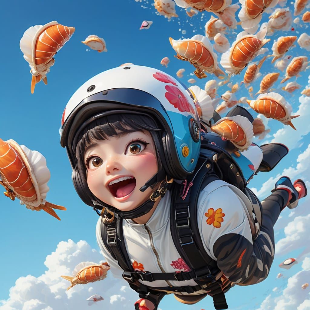 Vibrant Digital Art of Sushi Sells Sea Shells in Skydiving A...