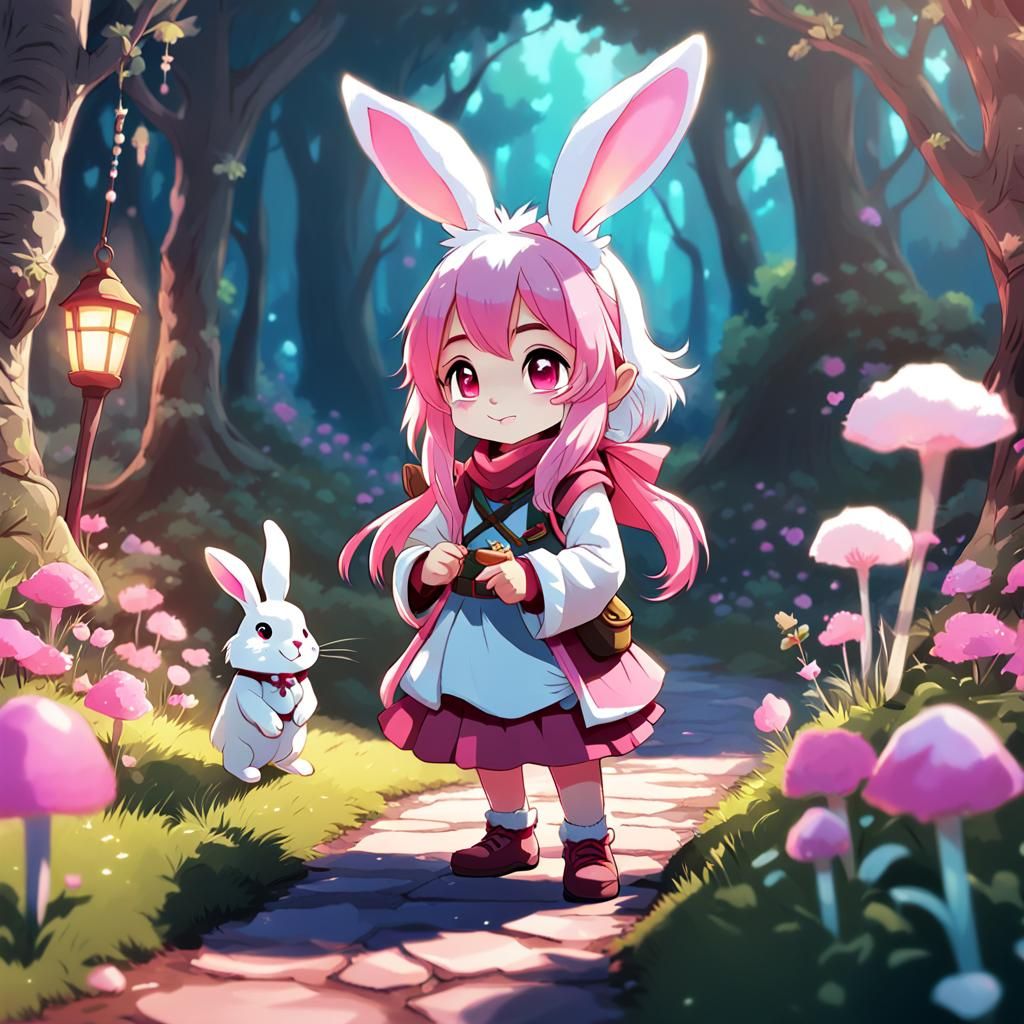 Gnome, Woman, and Rabbit in Pink Fantasy Art