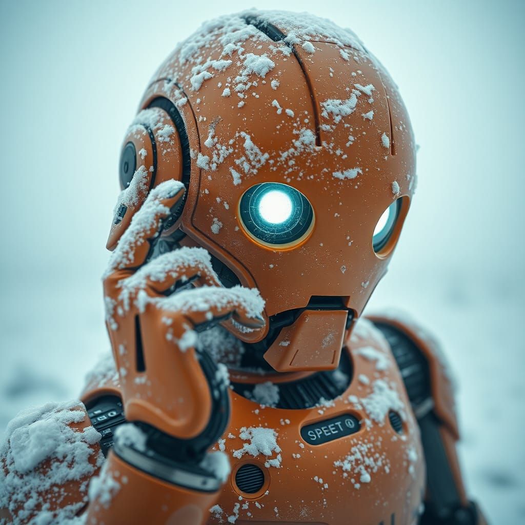 Orange Robot in Snowy Post-Apocalyptic Landscape